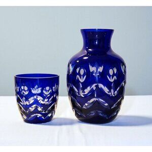 Bohemian Cobalt Blue Cut Glass Bedside Water Vase & Tumbler Set With Floral Etch